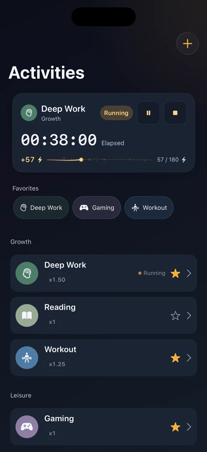 HabitSpark activities screen with an active Spark timer and saved activities