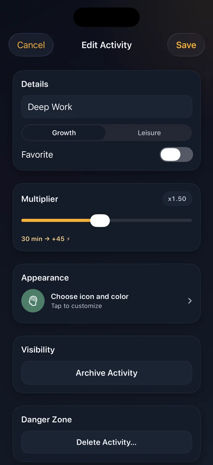 HabitSpark Activity Editor screen showing the Multiplier slider and Spark preview for Deep Work
