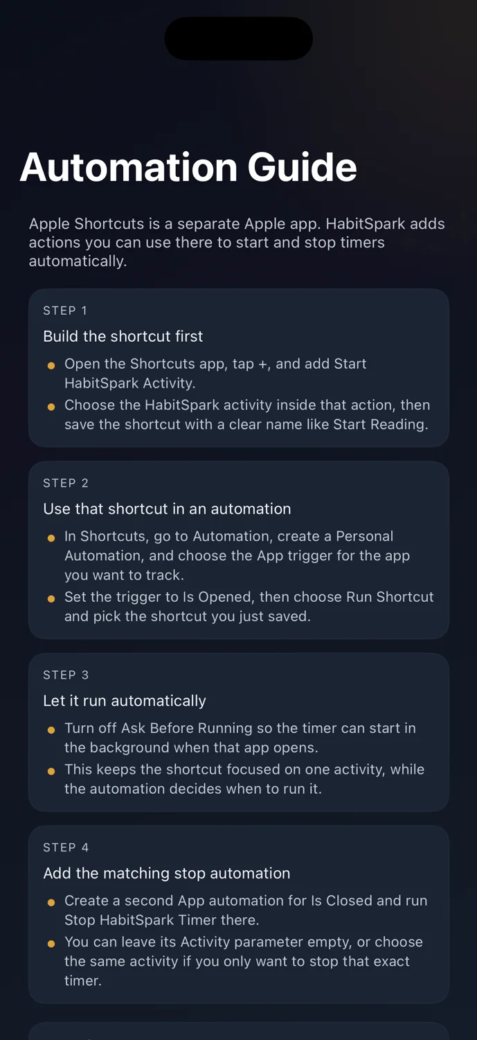 HabitSpark Automation Guide screen explaining Apple Shortcuts setup steps
